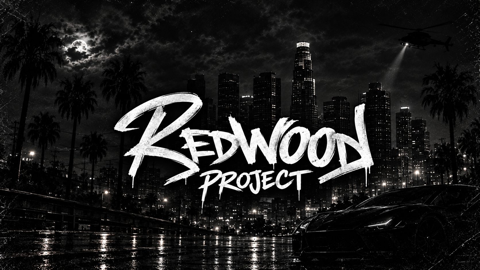 Redwood Project: skyline de Los Santos de noche con un deportivo negro en primer plano